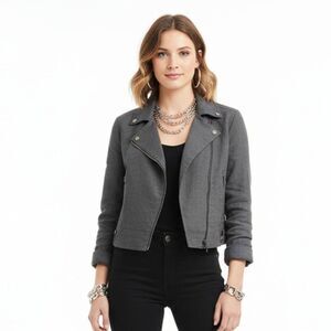 Nicole Miller Artelier Gray Cropped Zip Up Moto Jacket P S